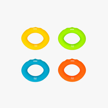 Packshot des 4 résistances de l'accessoire d'échauffement Climbing Ring de YY Vertical (Jaune 15kg, Vert 20kg, Bleu 25kg, Orange 30kg)