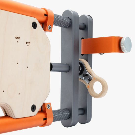 Close-up of the ratchet and collet mechanism of the VerticalBase YY Vertical hangboard stand.