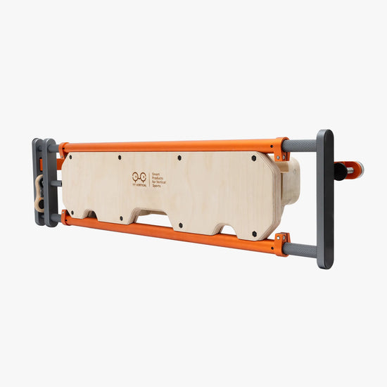 Packshot of the rear of the VerticalBase YY Vertical hangboard support, with a VerticalBoard One and the two clamps installed.