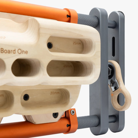 Close-up of the ratchet mechanism on the VerticalBase YY Vertical hangboard stand.